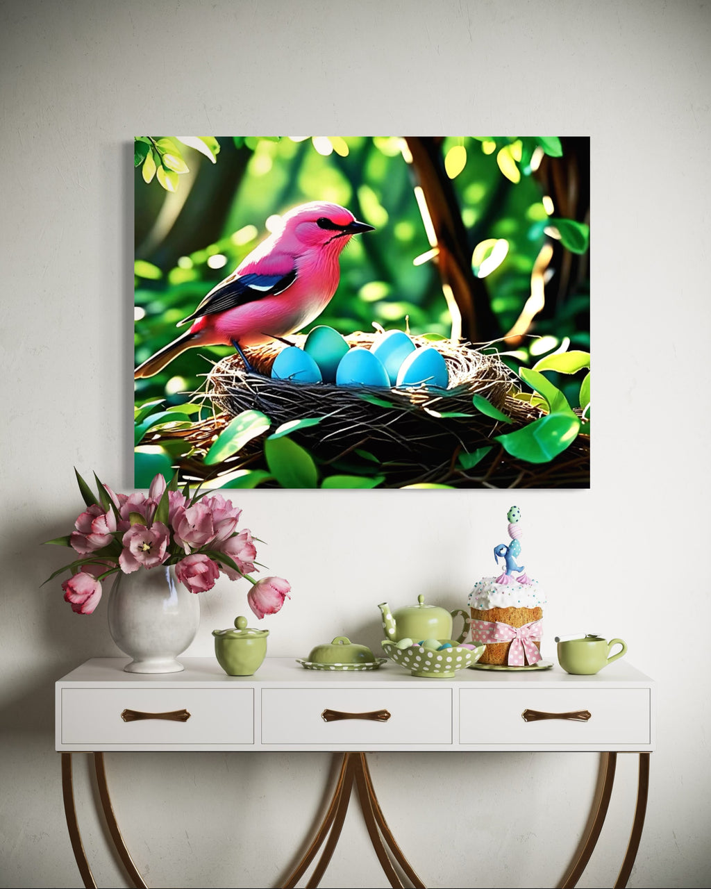 Bubblegum Bird with Blue Egg Nest Museum Print