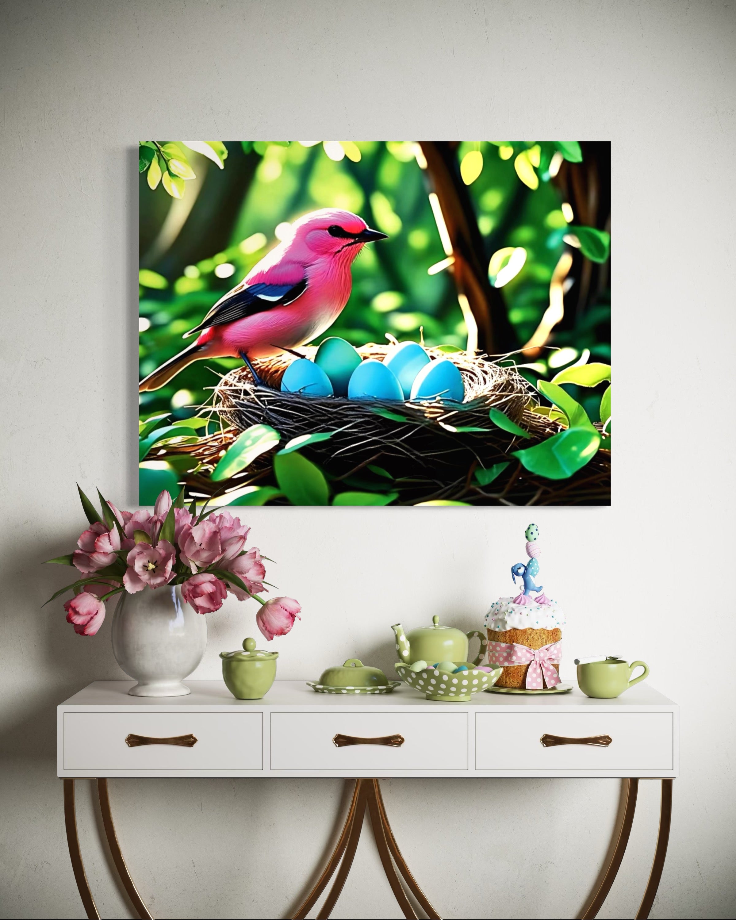 Bubblegum Bird with Blue Egg Nest Museum Print