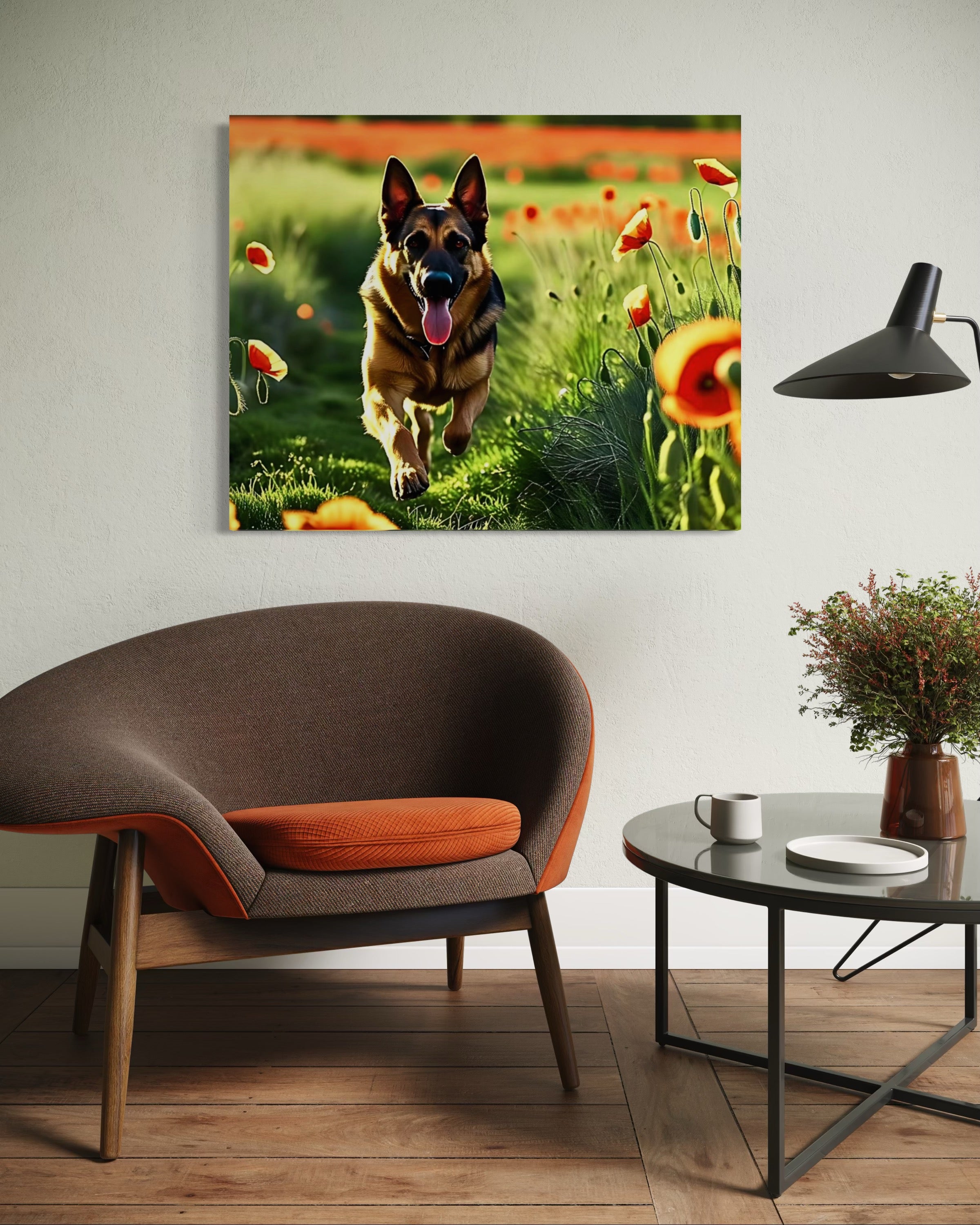 German Shephard Running in a Poppy Field
