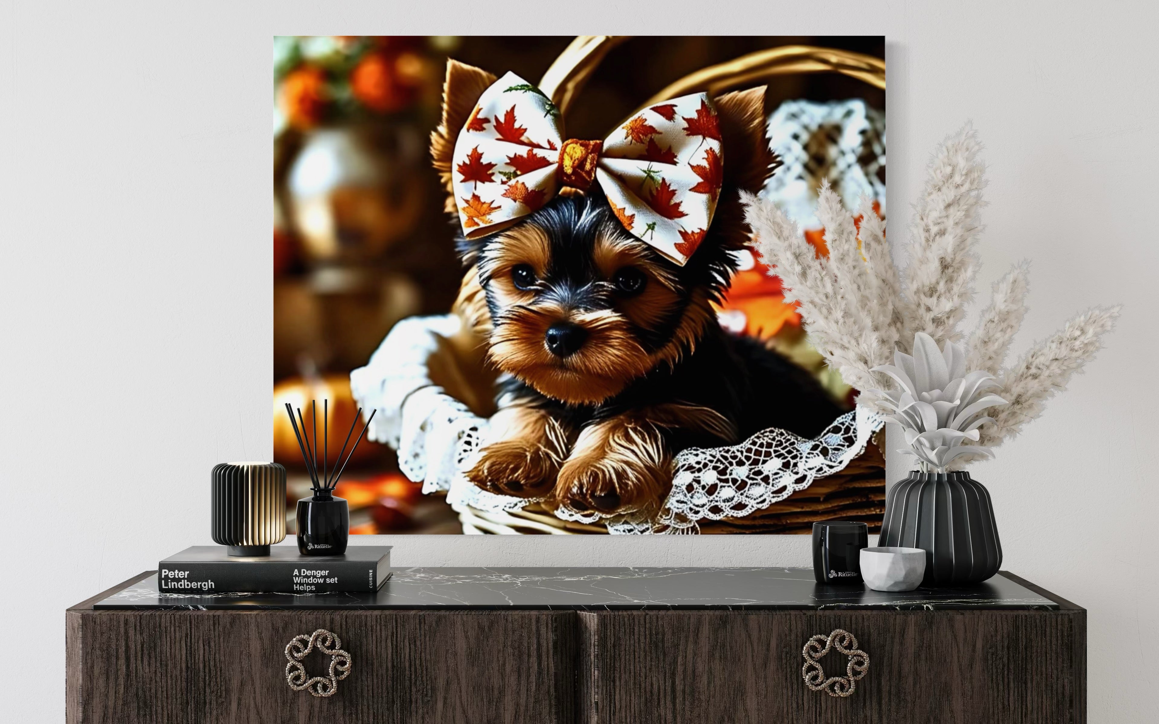 Autumn Yorkie Puppy Girl with Bow in Basket