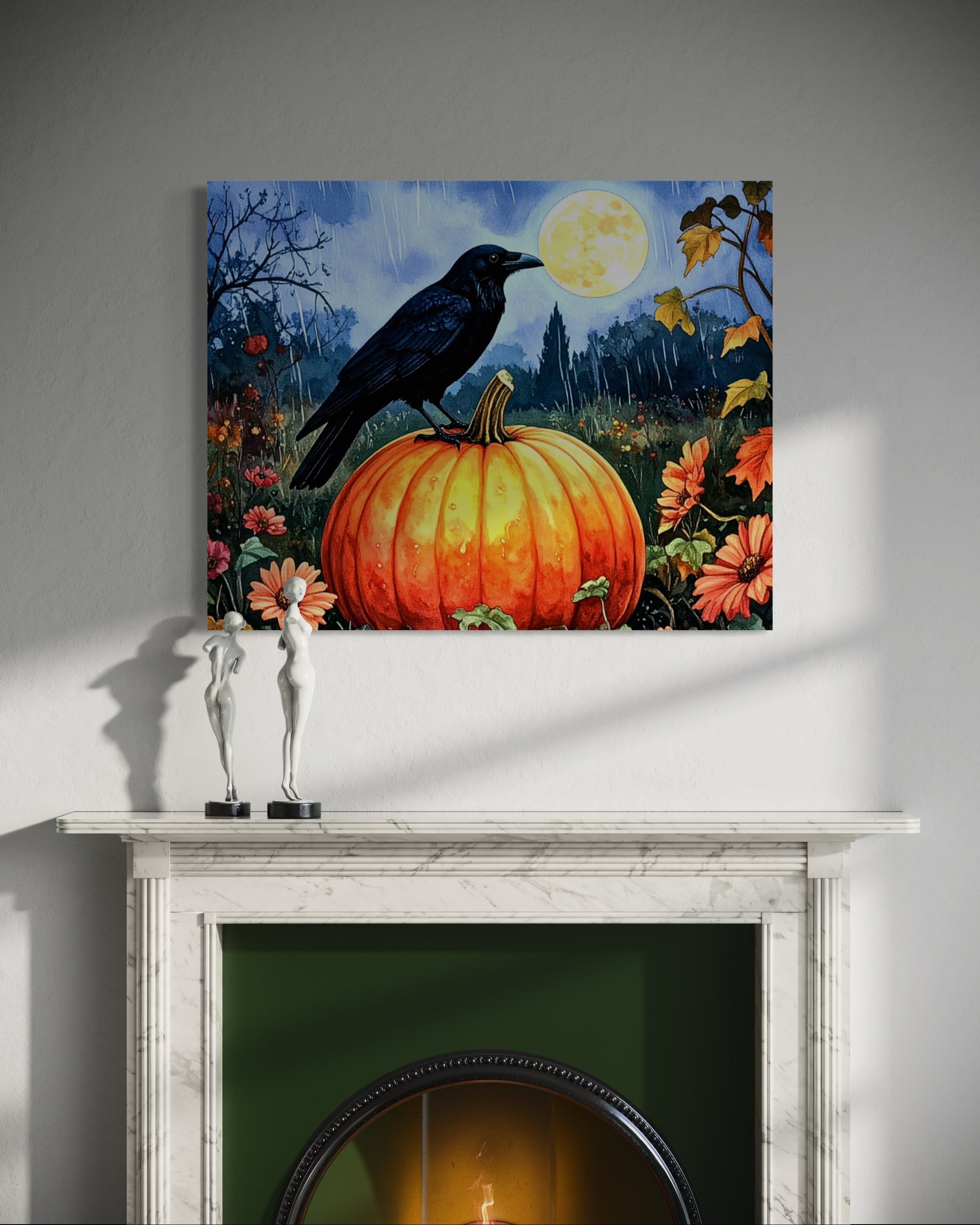 Crow on Pumpkin in Rain