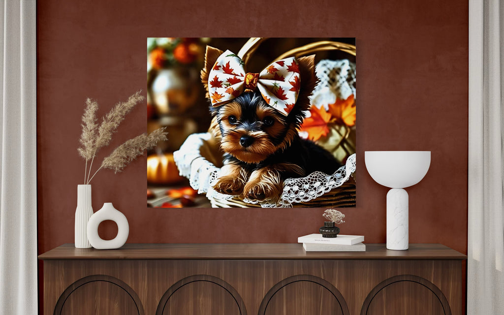 Autumn Yorkie Puppy Girl with Bow in Basket