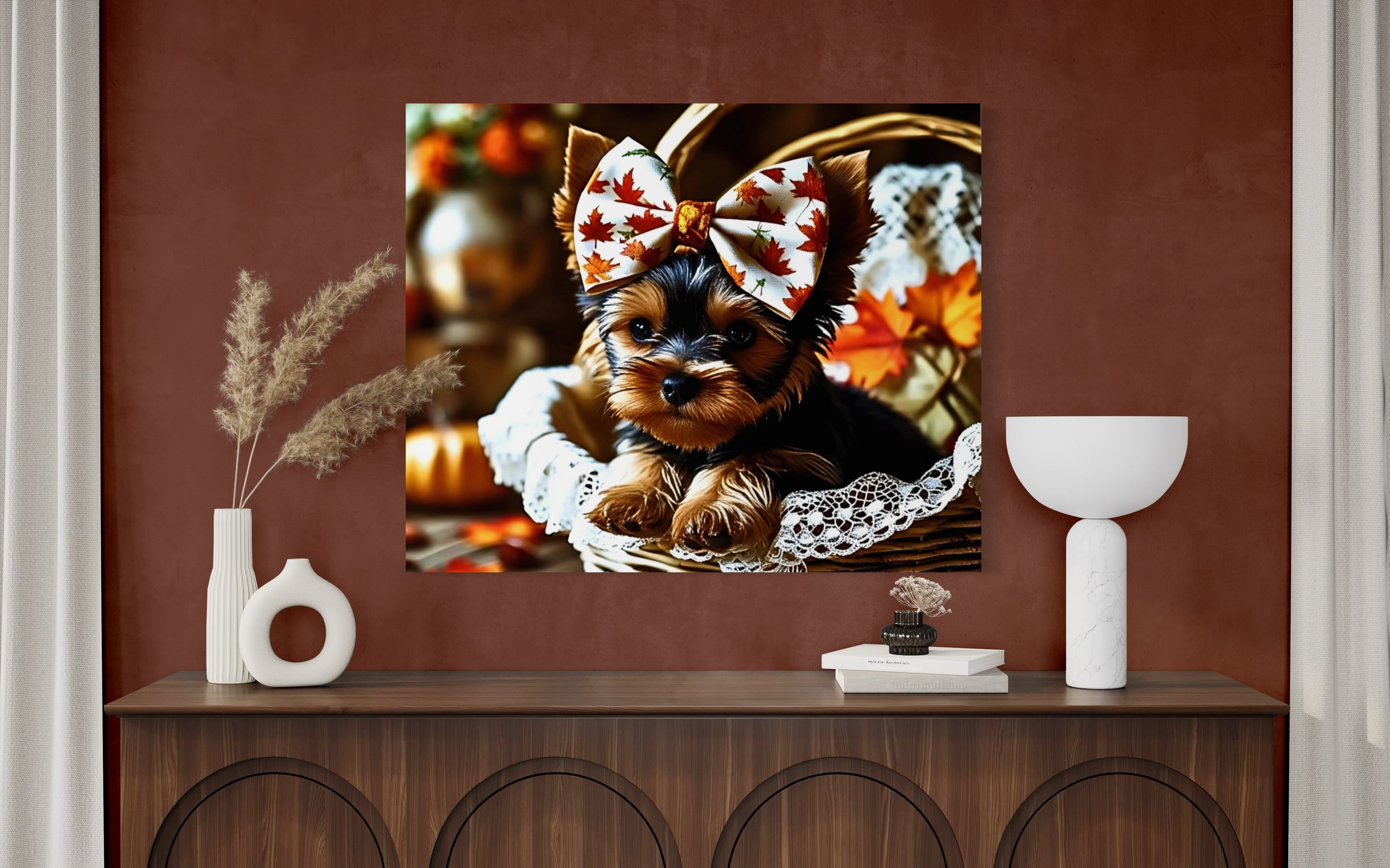 Autumn Yorkie Puppy Girl with Bow in Basket