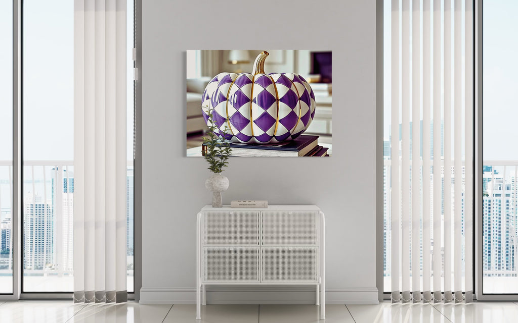 Purple and Gold Checkered Ceramic Pumpkin