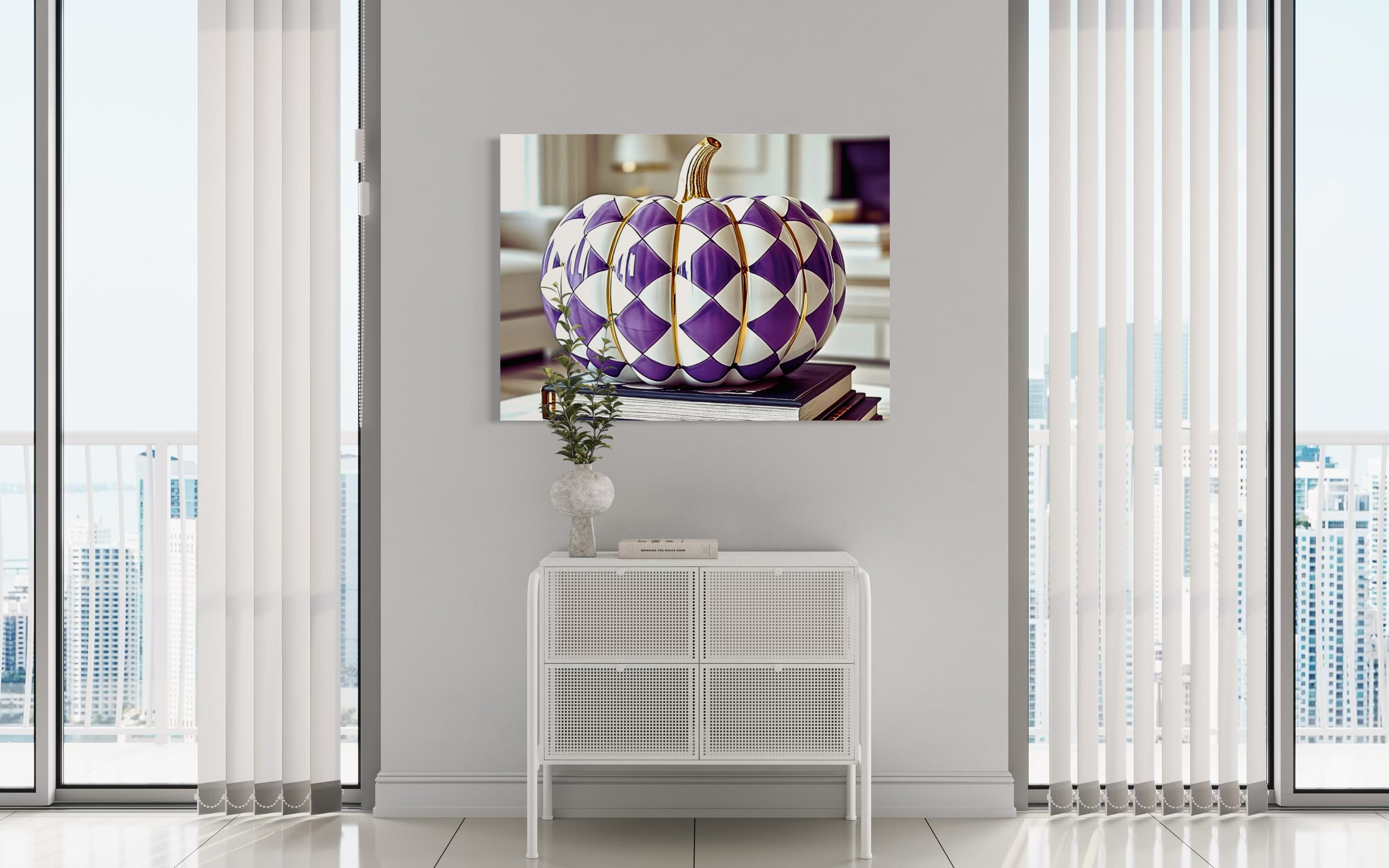 Purple and Gold Checkered Ceramic Pumpkin