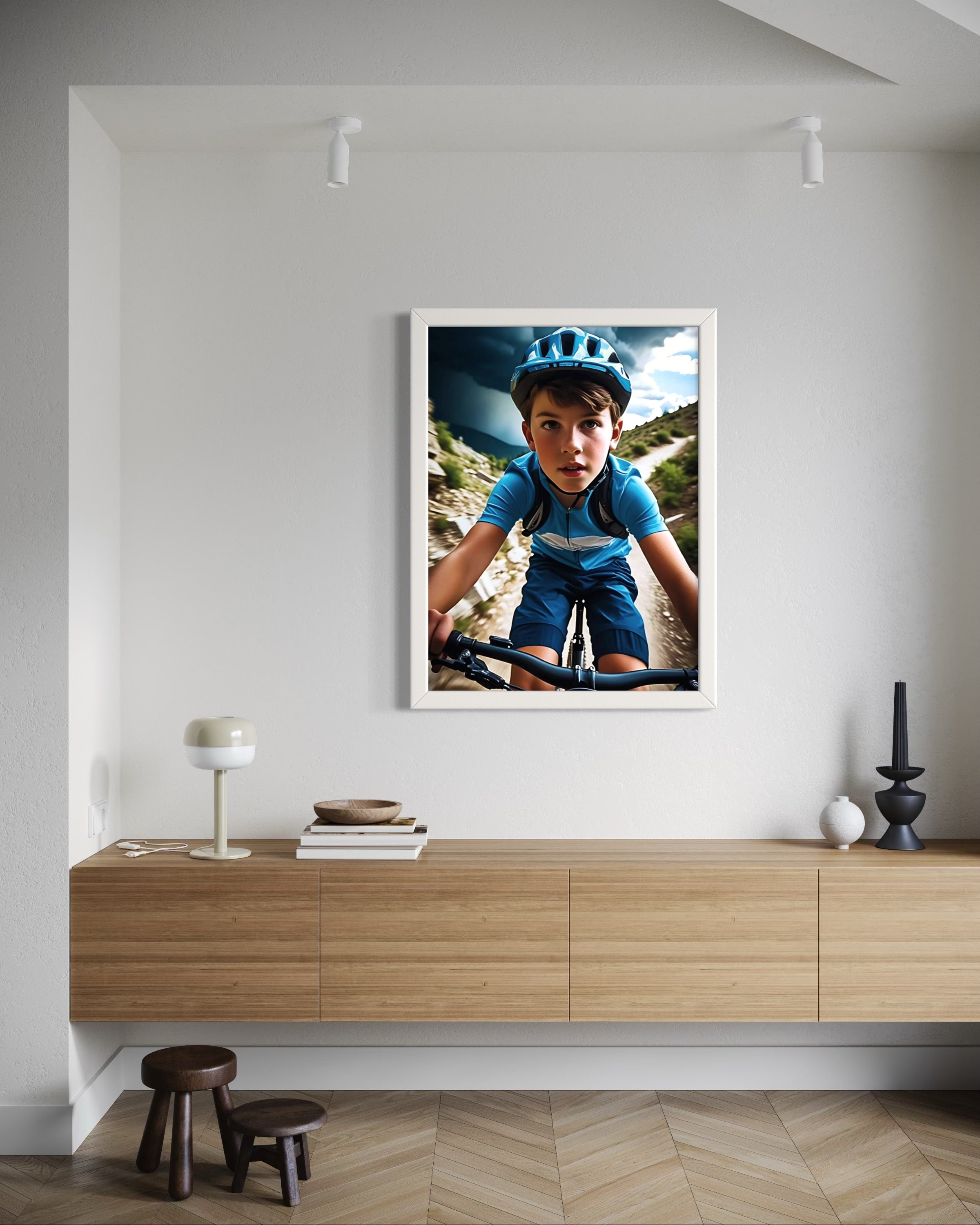 Boy Mountain Biking Blue Museum Print