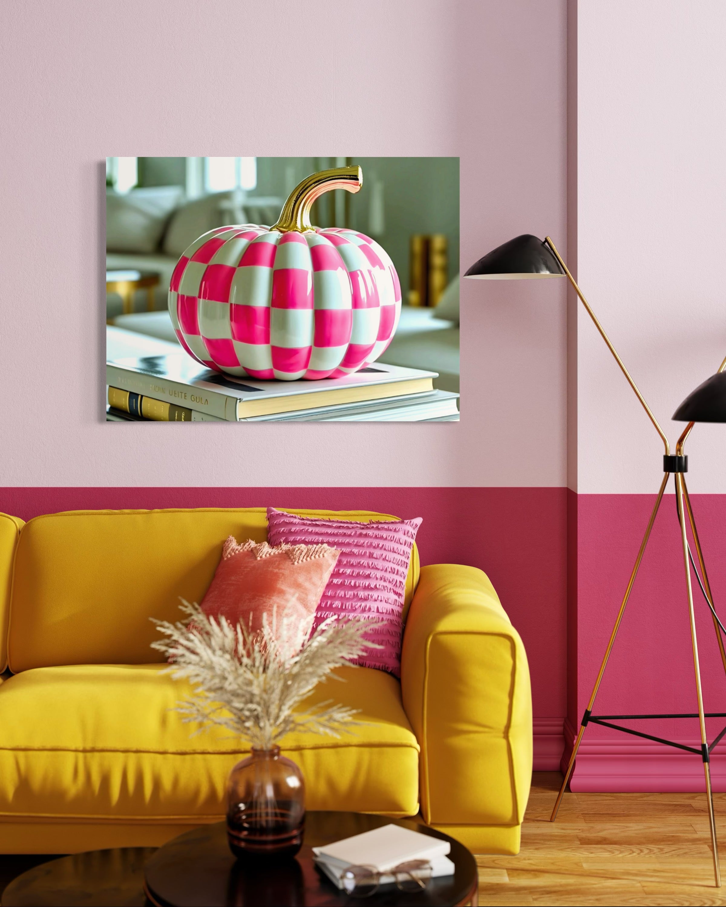 Pink and White Checkered Gold Stem Ceramic Pumpkin