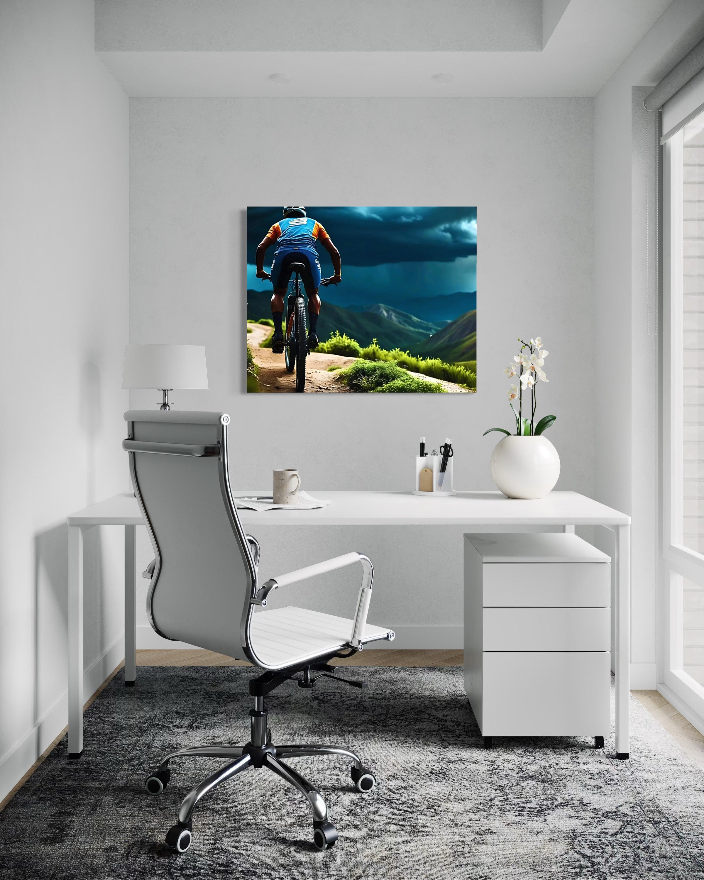 Men Mountain Biking into Rain Museum Print