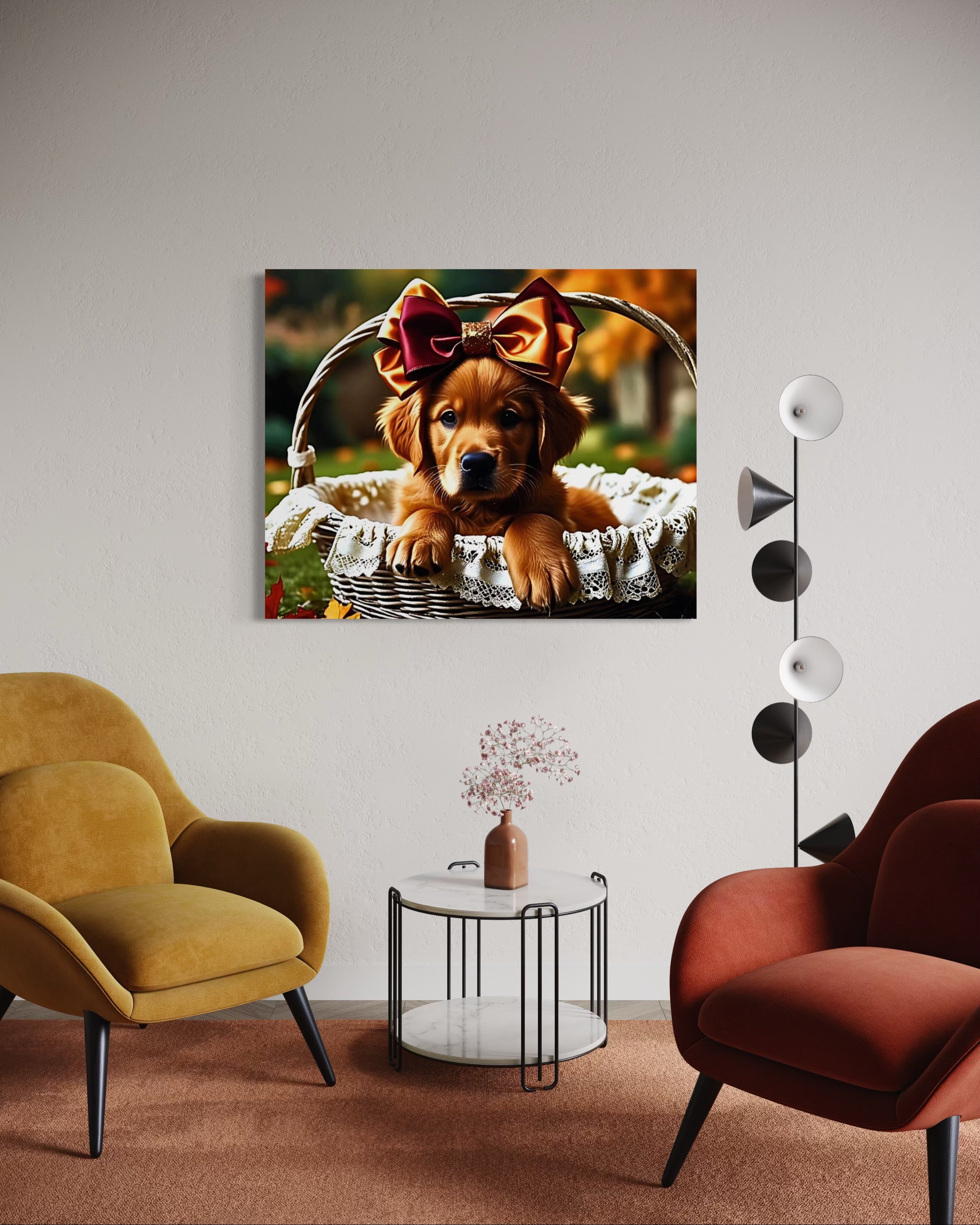 Autumn Golden Retriever Girl Puppy with a bow in a Basket