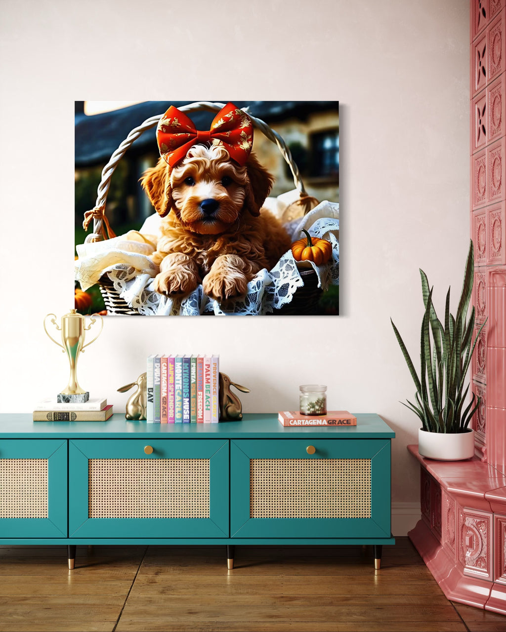 Autumn Goldendoodle Puppy with Bow in Basket