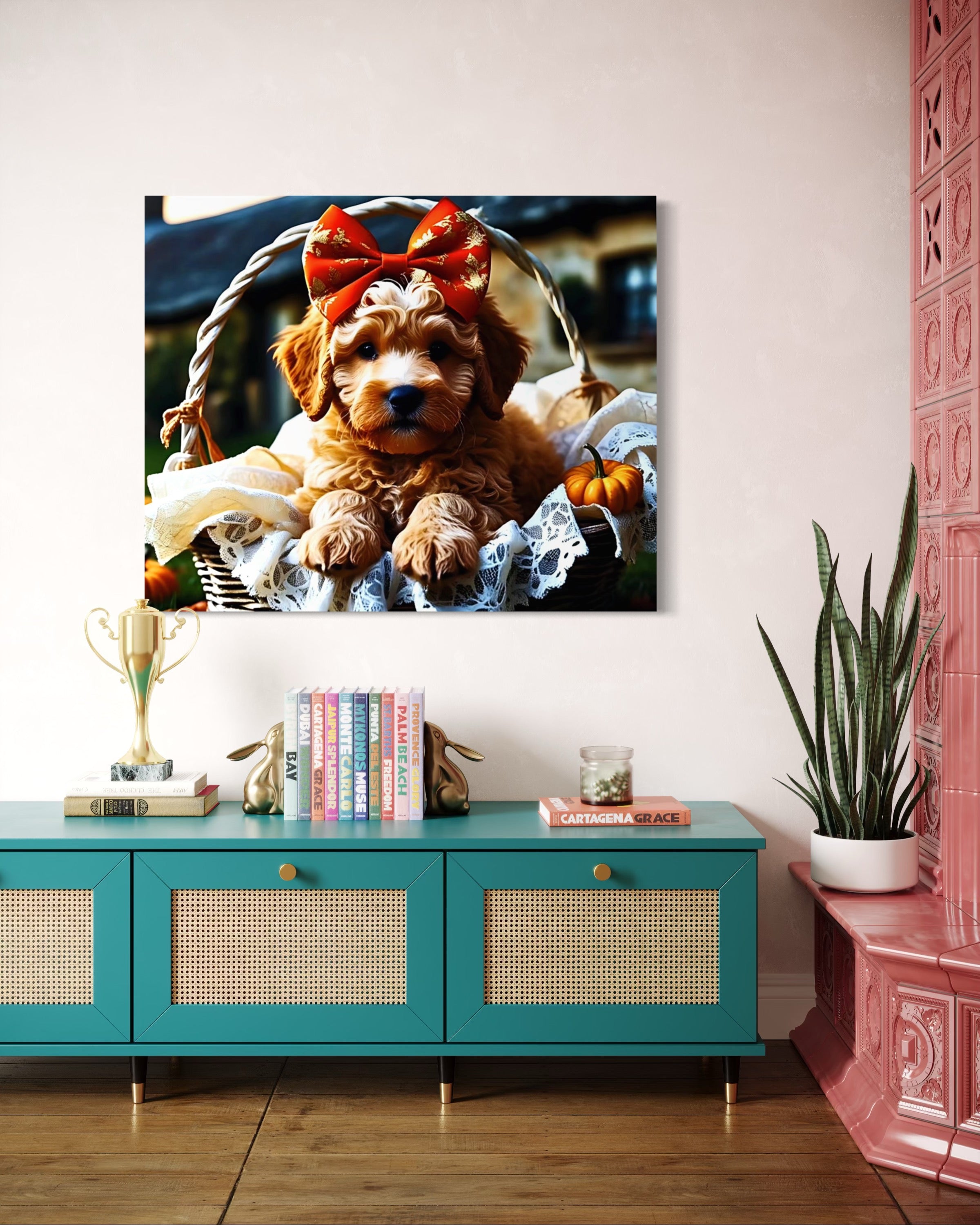 Autumn Goldendoodle Puppy with Bow in Basket