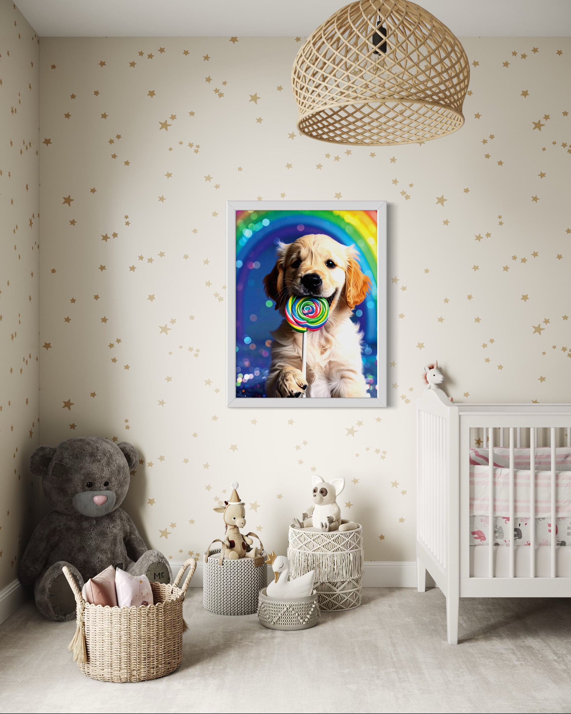 Golden Retriever Puppy with Rainbow Lollipop Museum Print