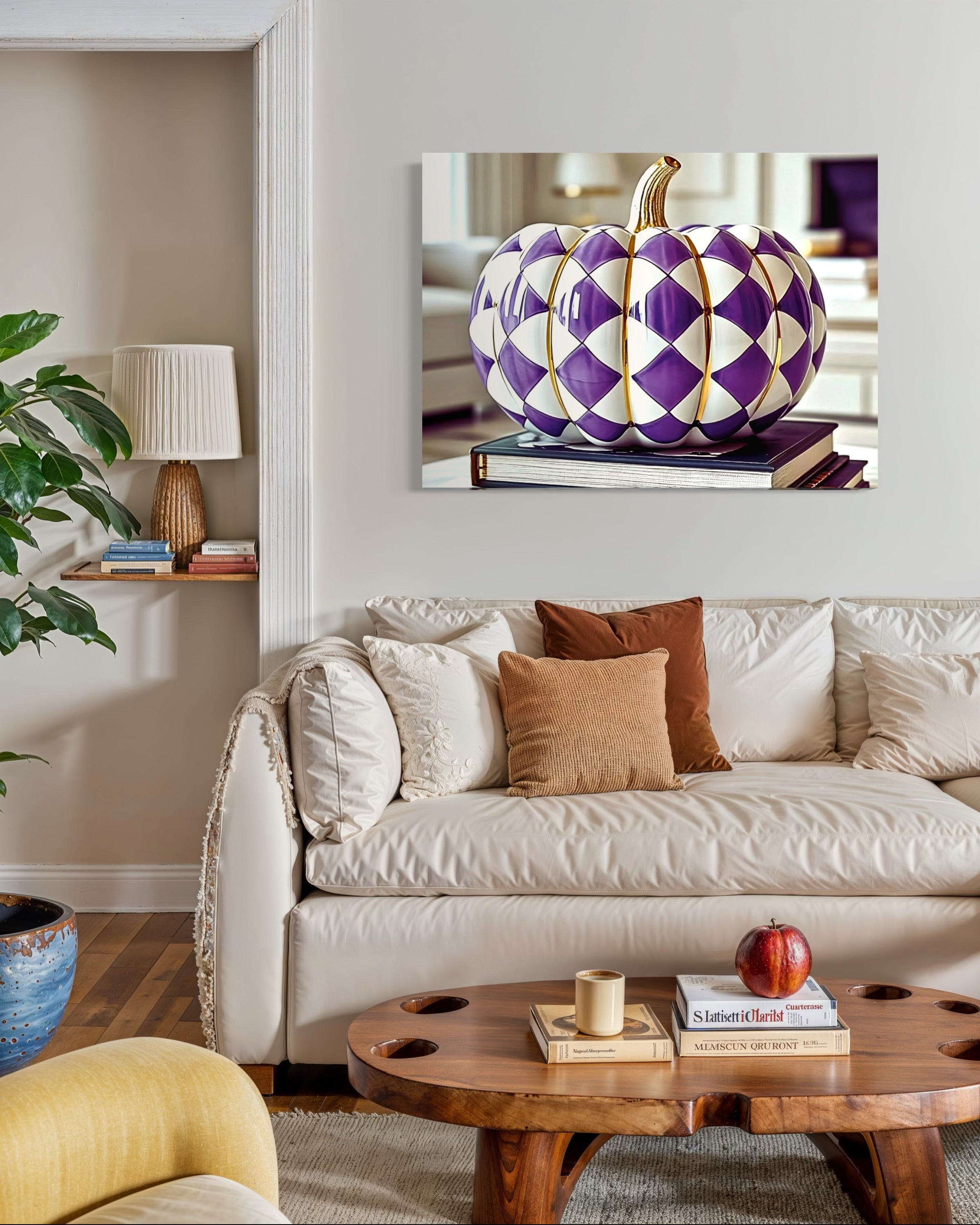 Purple and Gold Checkered Ceramic Pumpkin