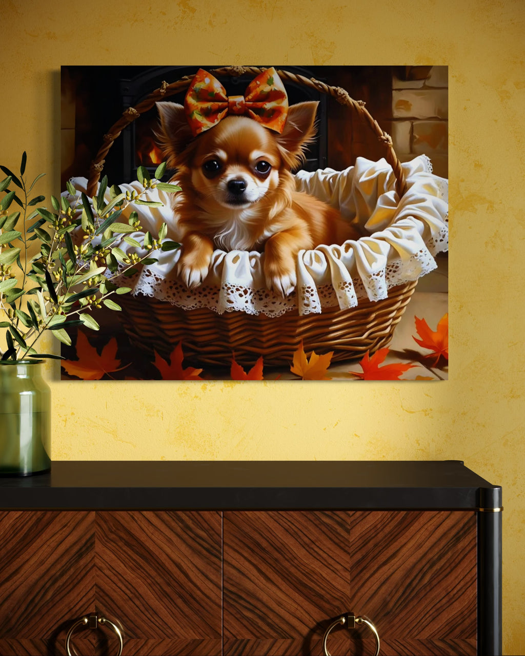 Autumn Chihuahua with Bow in Basket