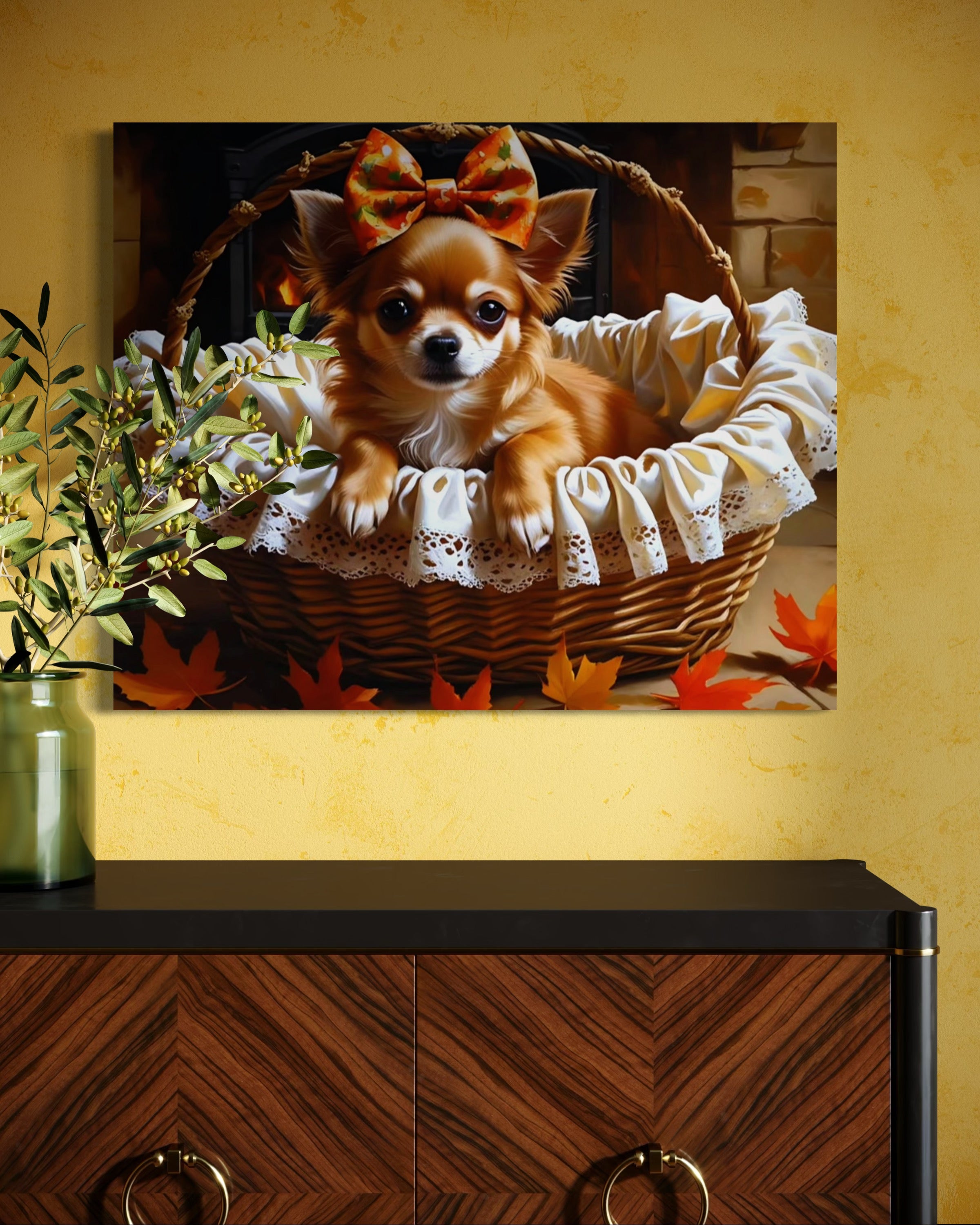 Autumn Chihuahua with Bow in Basket