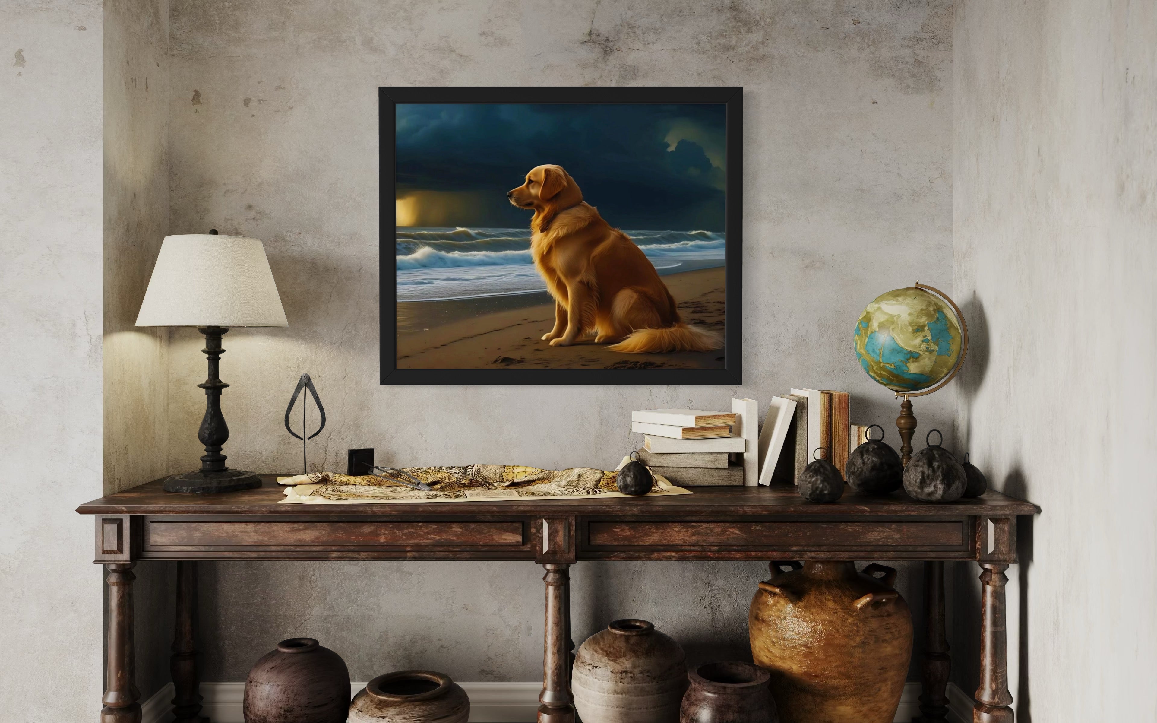 Golden Retriever on the Beach Museum Print