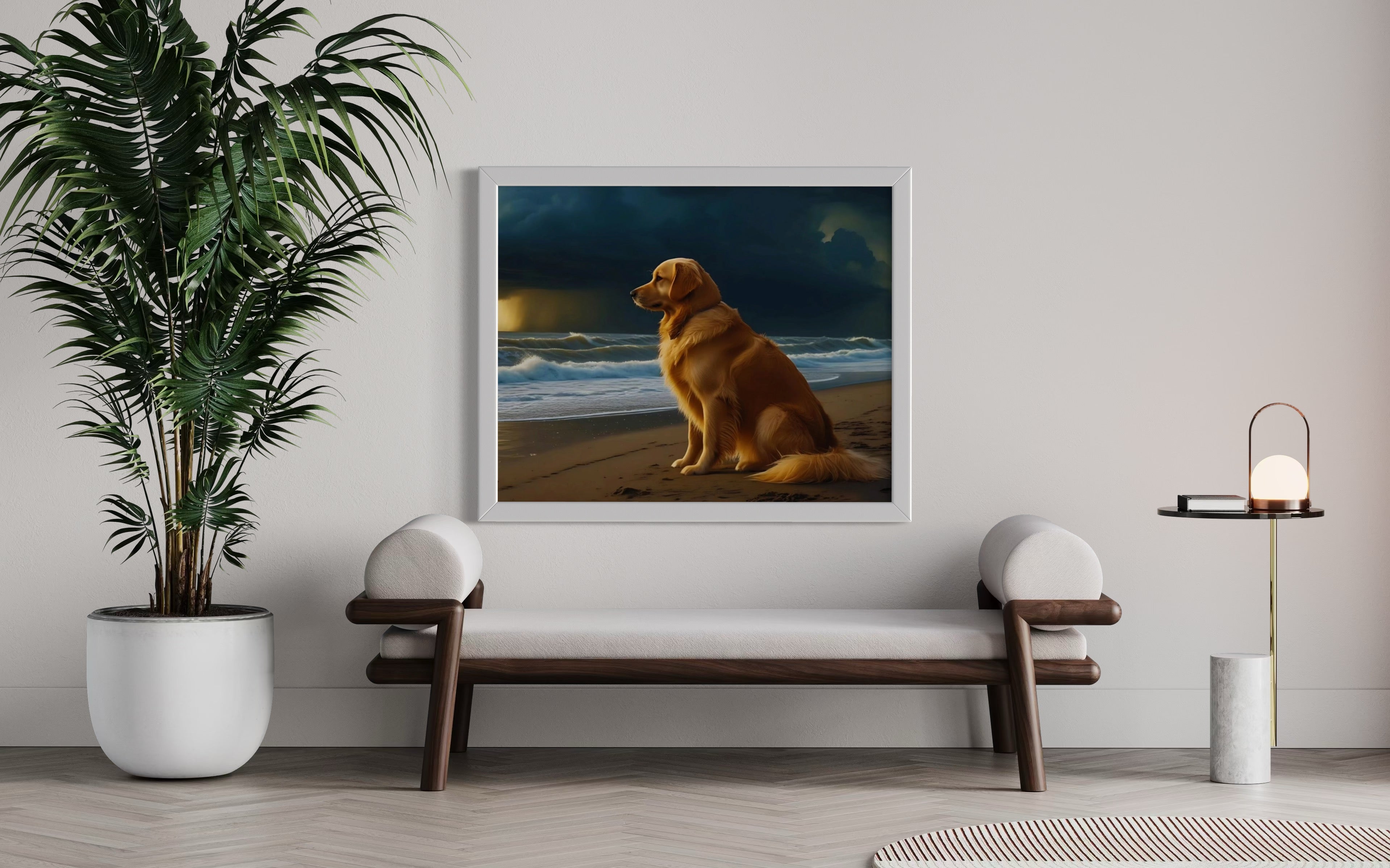 Golden Retriever on the Beach Museum Print