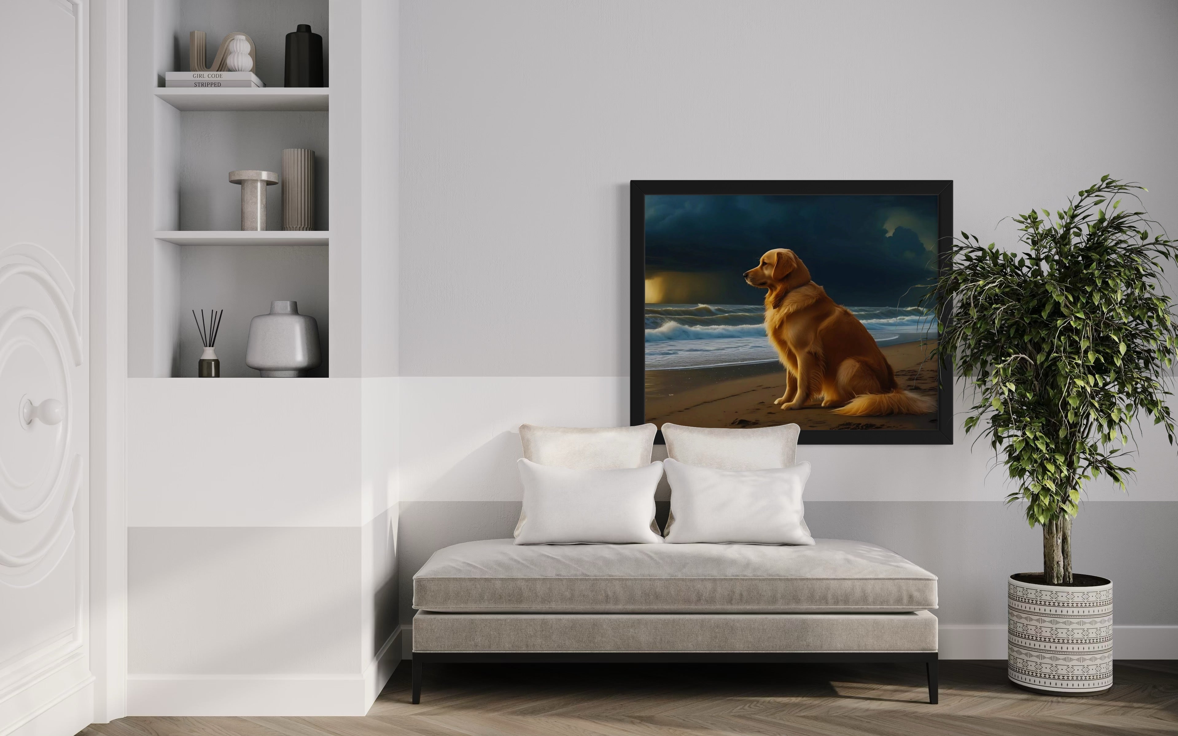 Golden Retriever on the Beach Museum Print