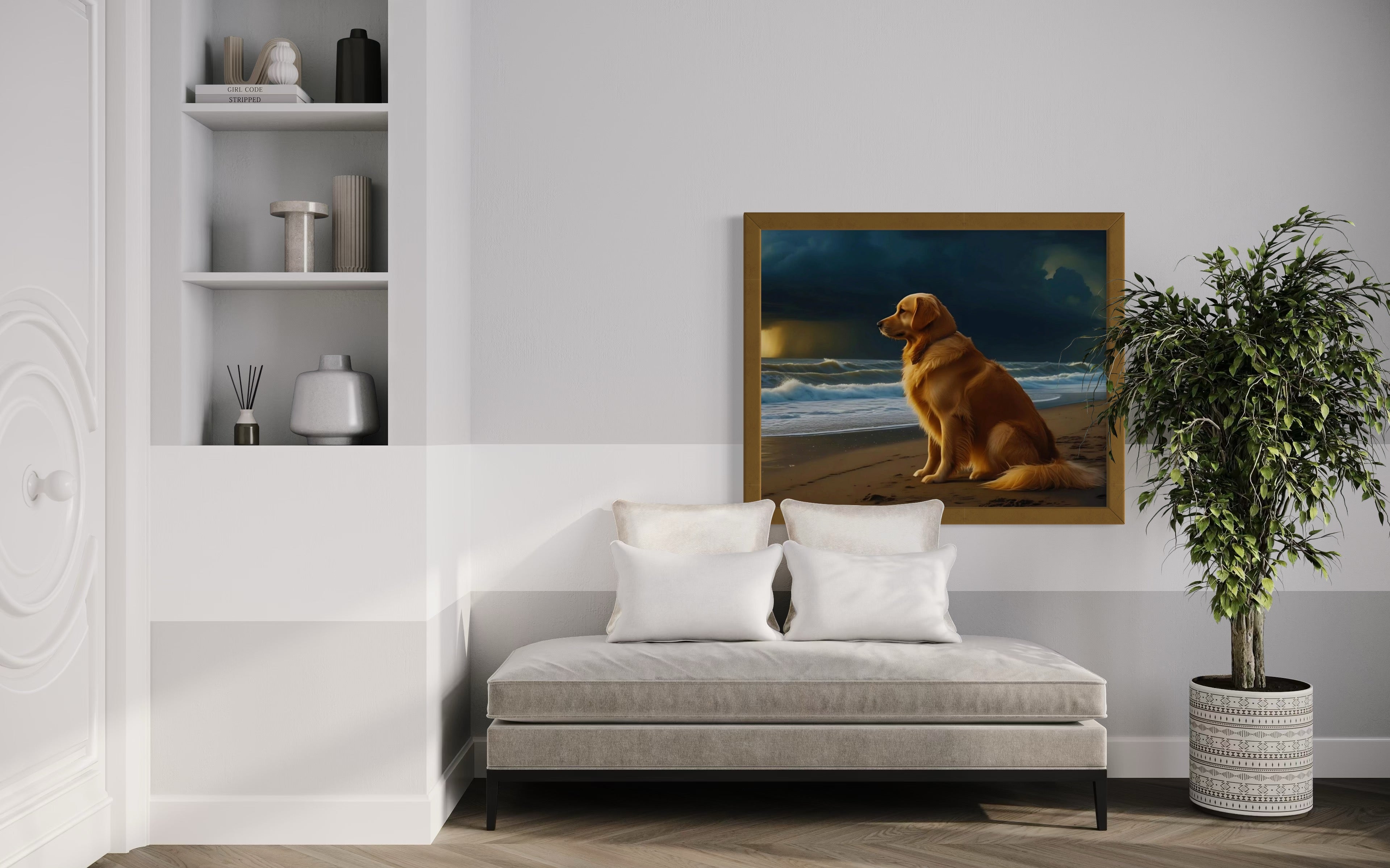 Golden Retriever on the Beach Museum Print