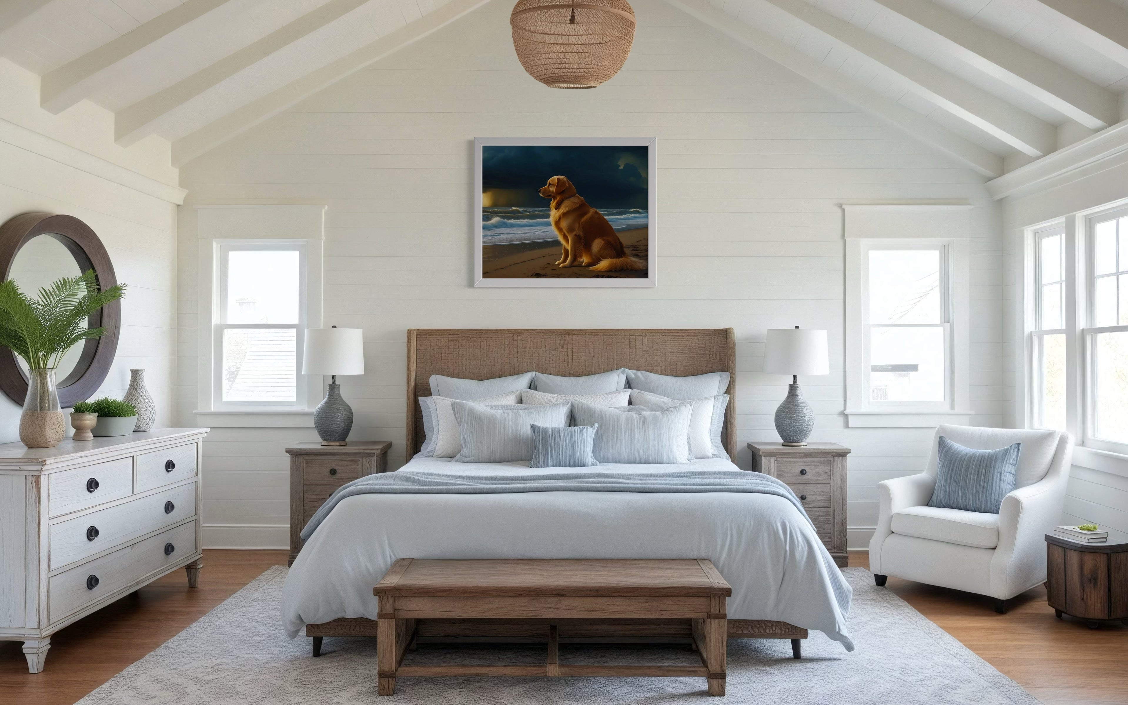 Golden Retriever on the Beach Museum Print