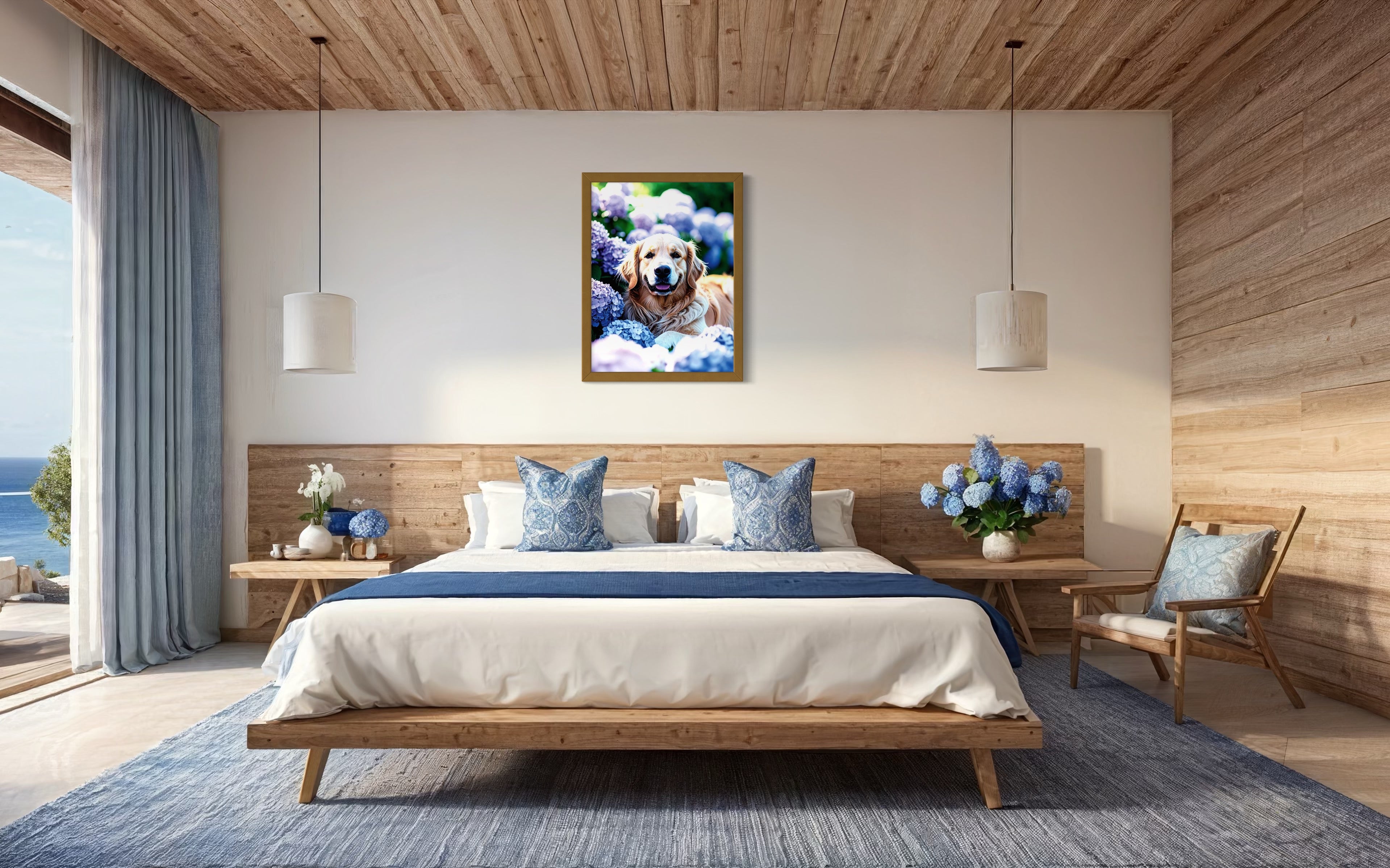 Golden Retriever in Hydrangeas Museum Print
