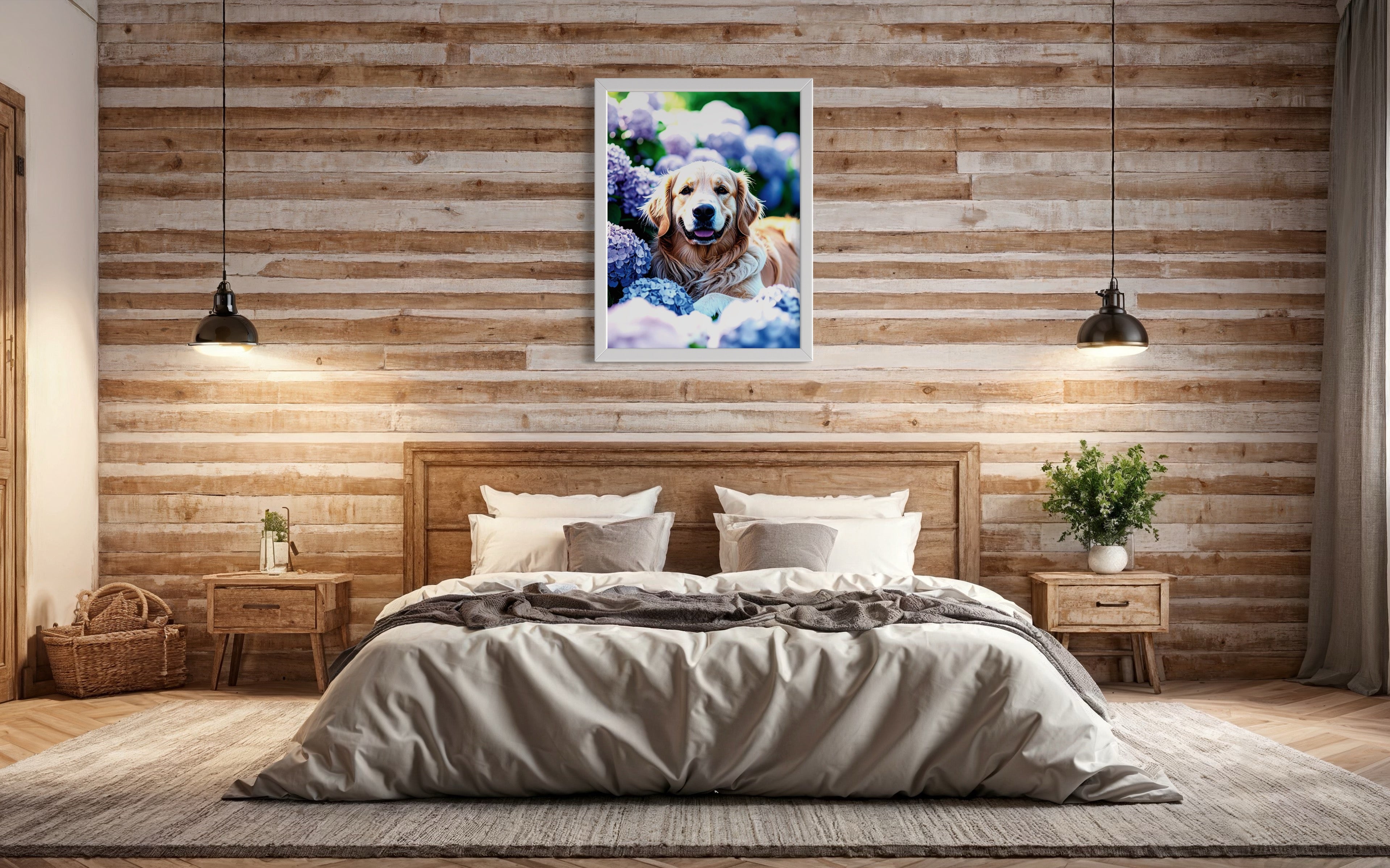 Golden Retriever in Hydrangeas Museum Print