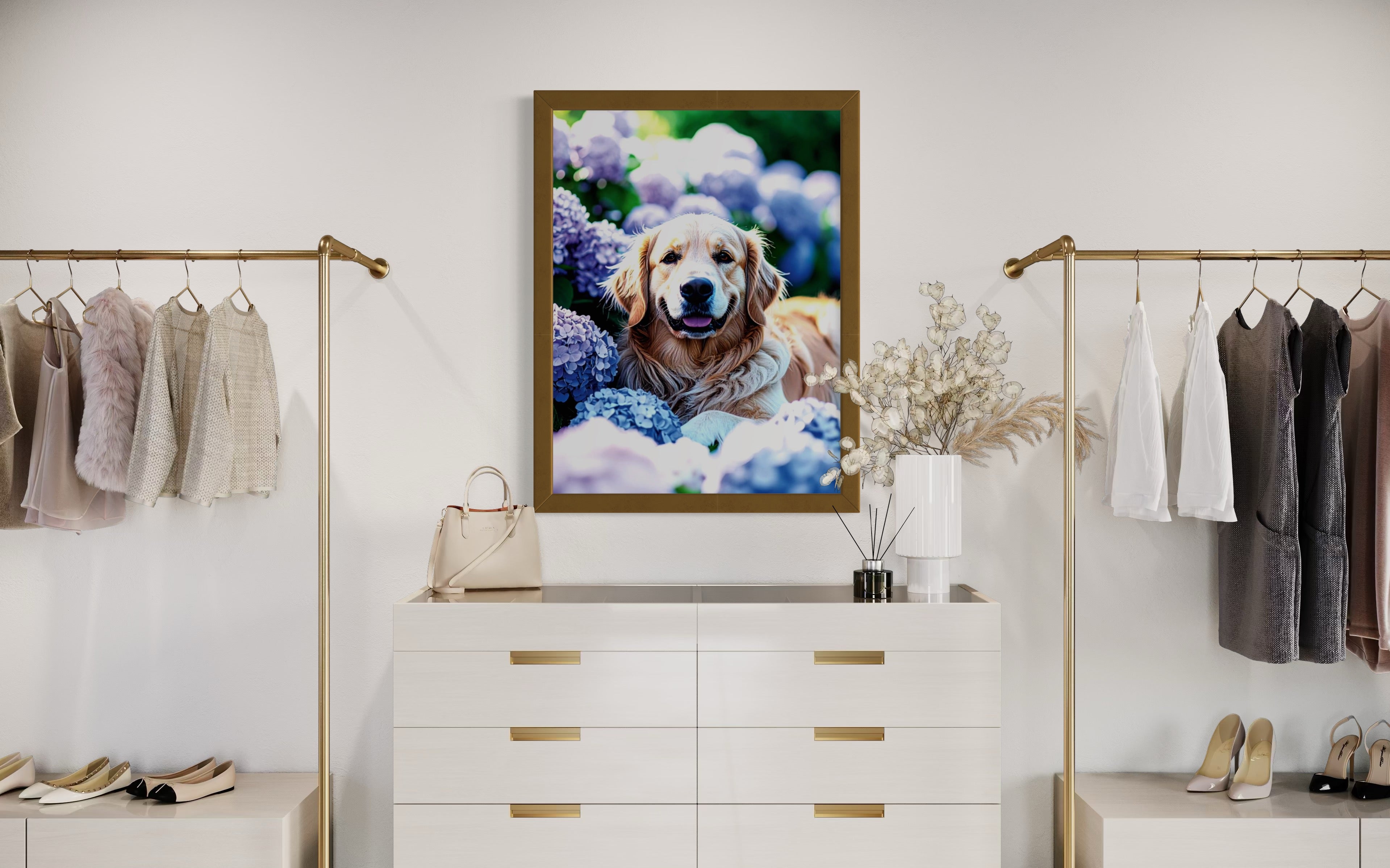 Golden Retriever in Hydrangeas Museum Print