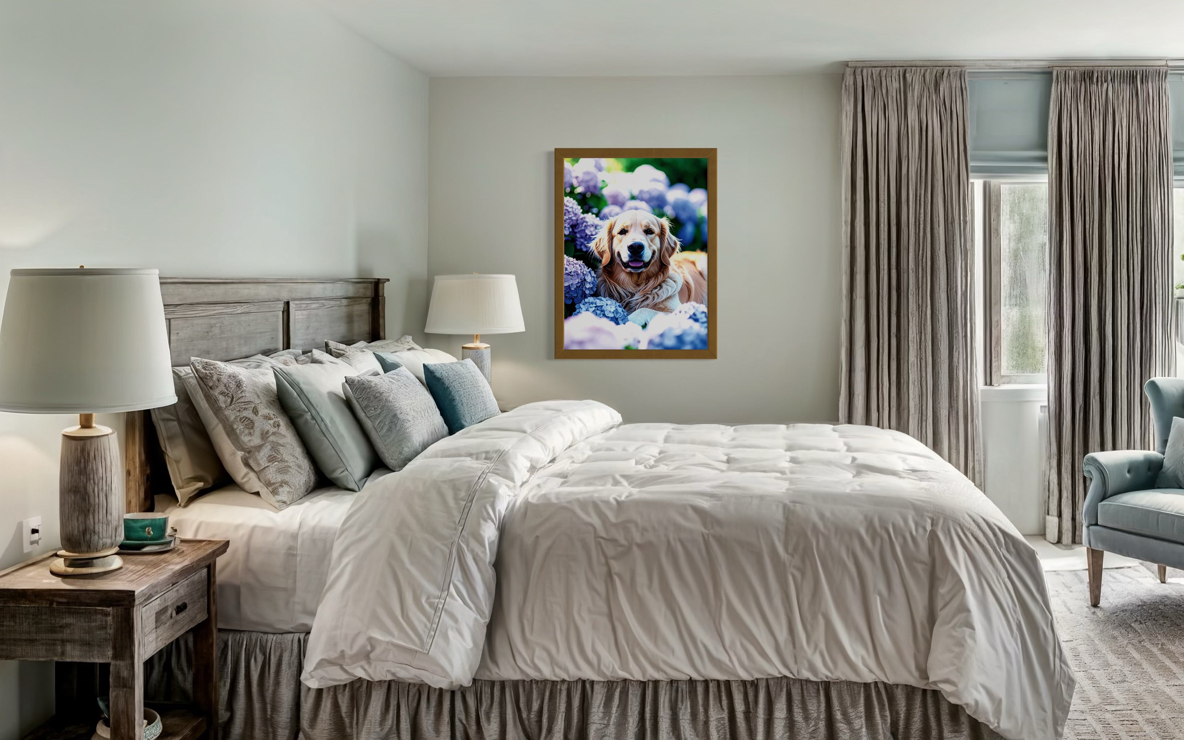 Golden Retriever in Hydrangeas Museum Print