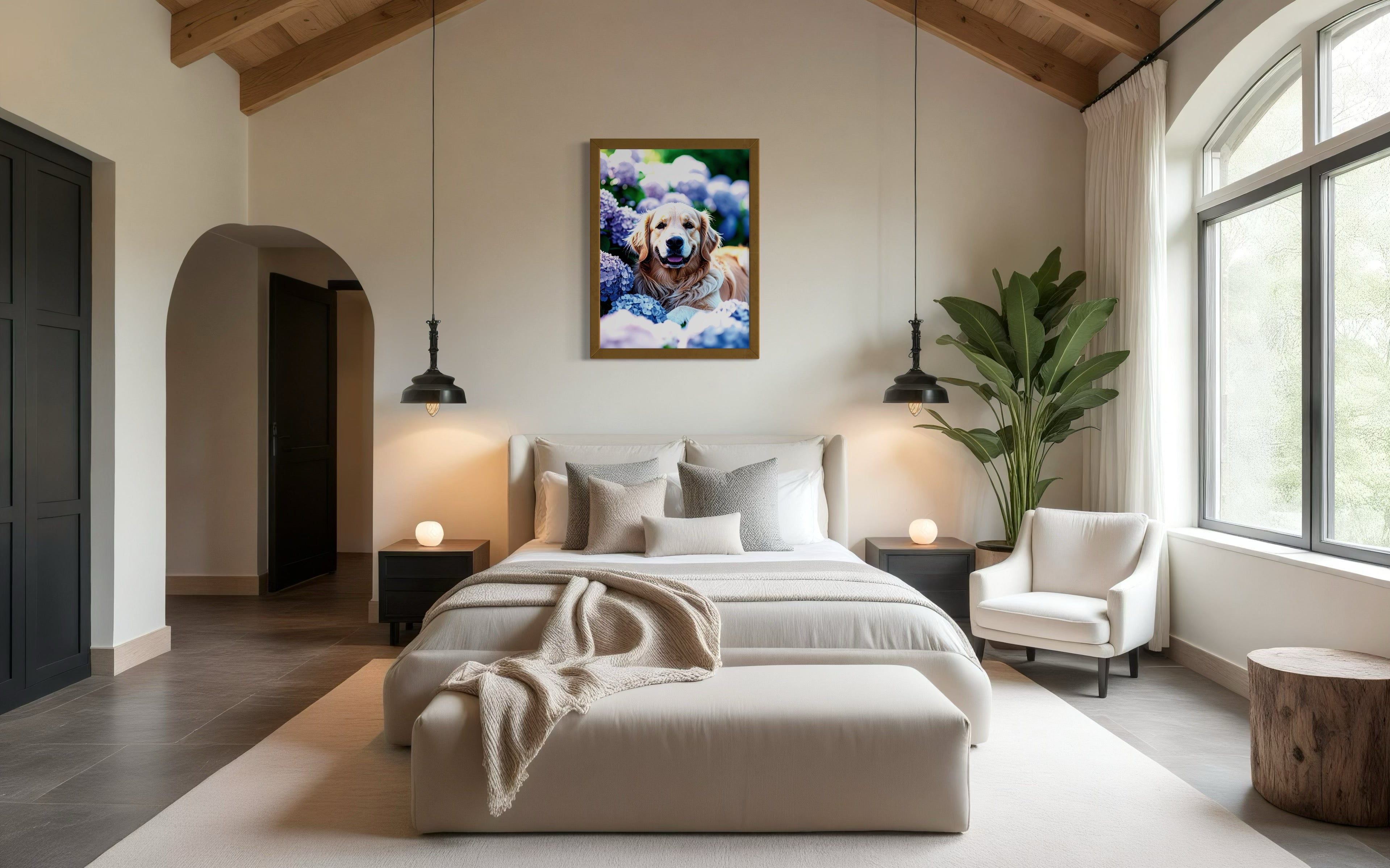 Golden Retriever in Hydrangeas Museum Print