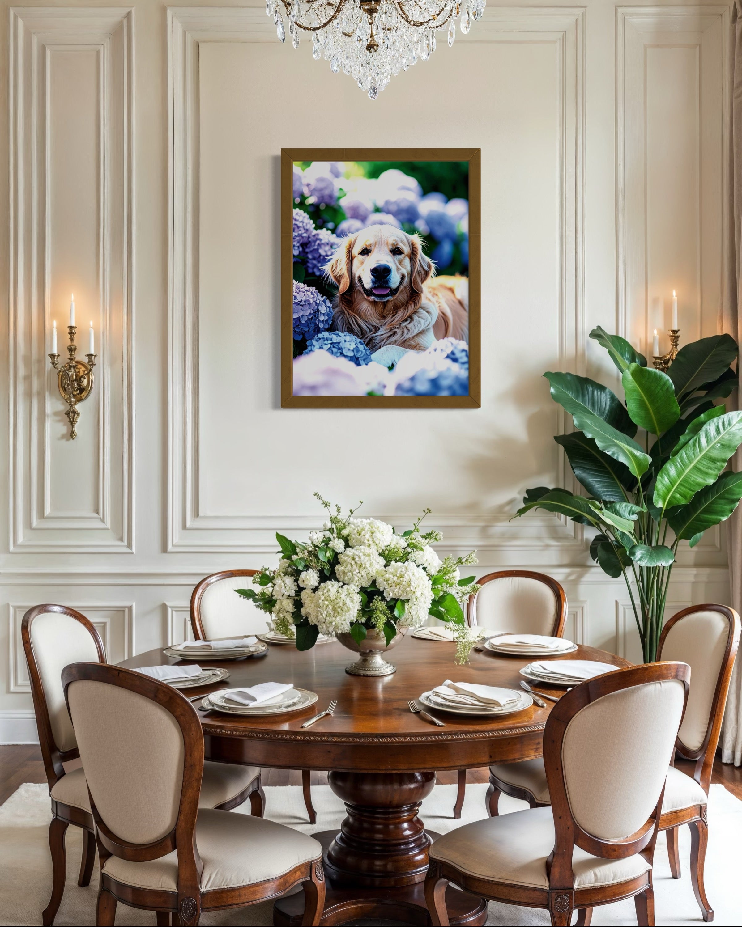 Golden Retriever in Hydrangeas Museum Print