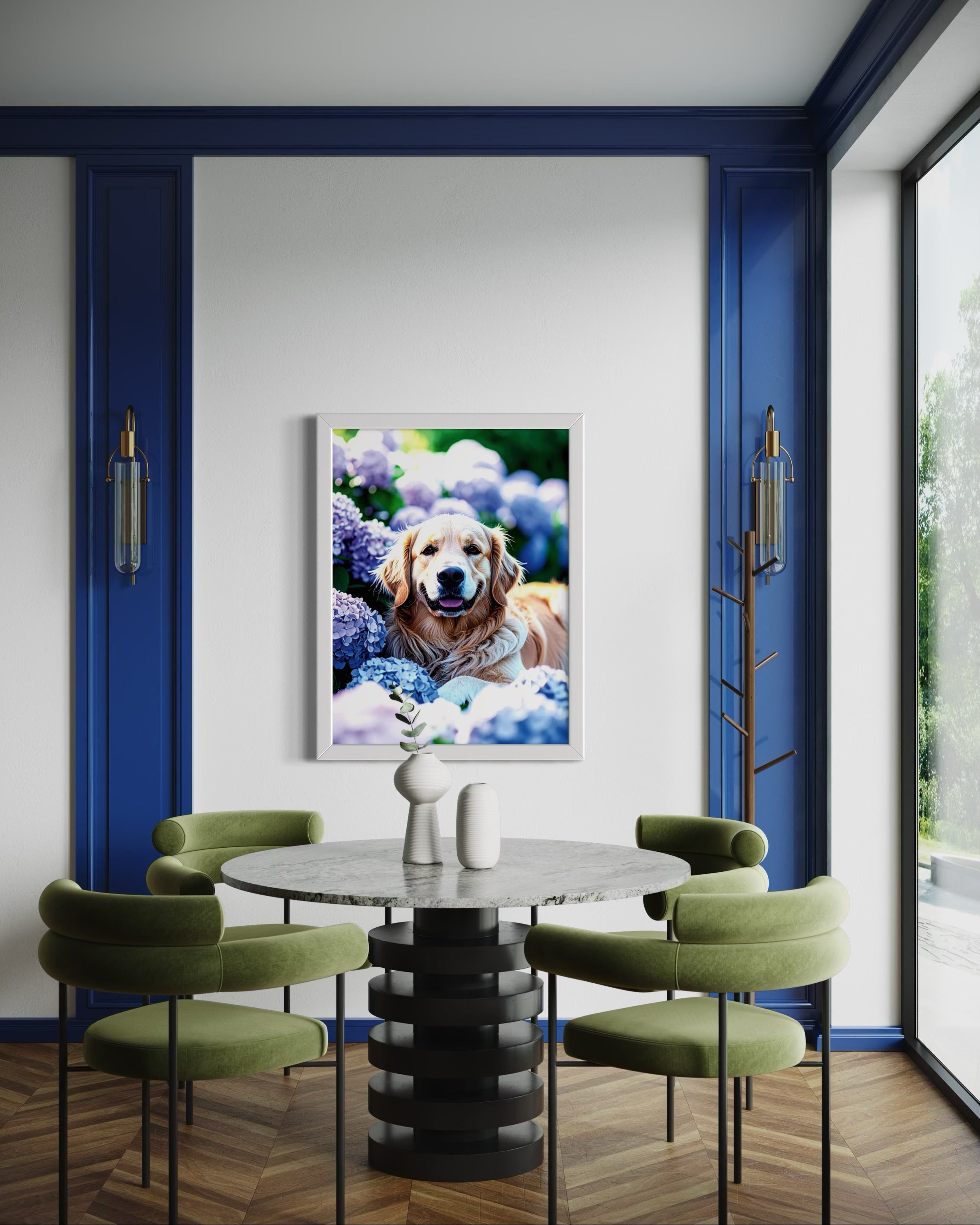 Golden Retriever in Hydrangeas Museum Print