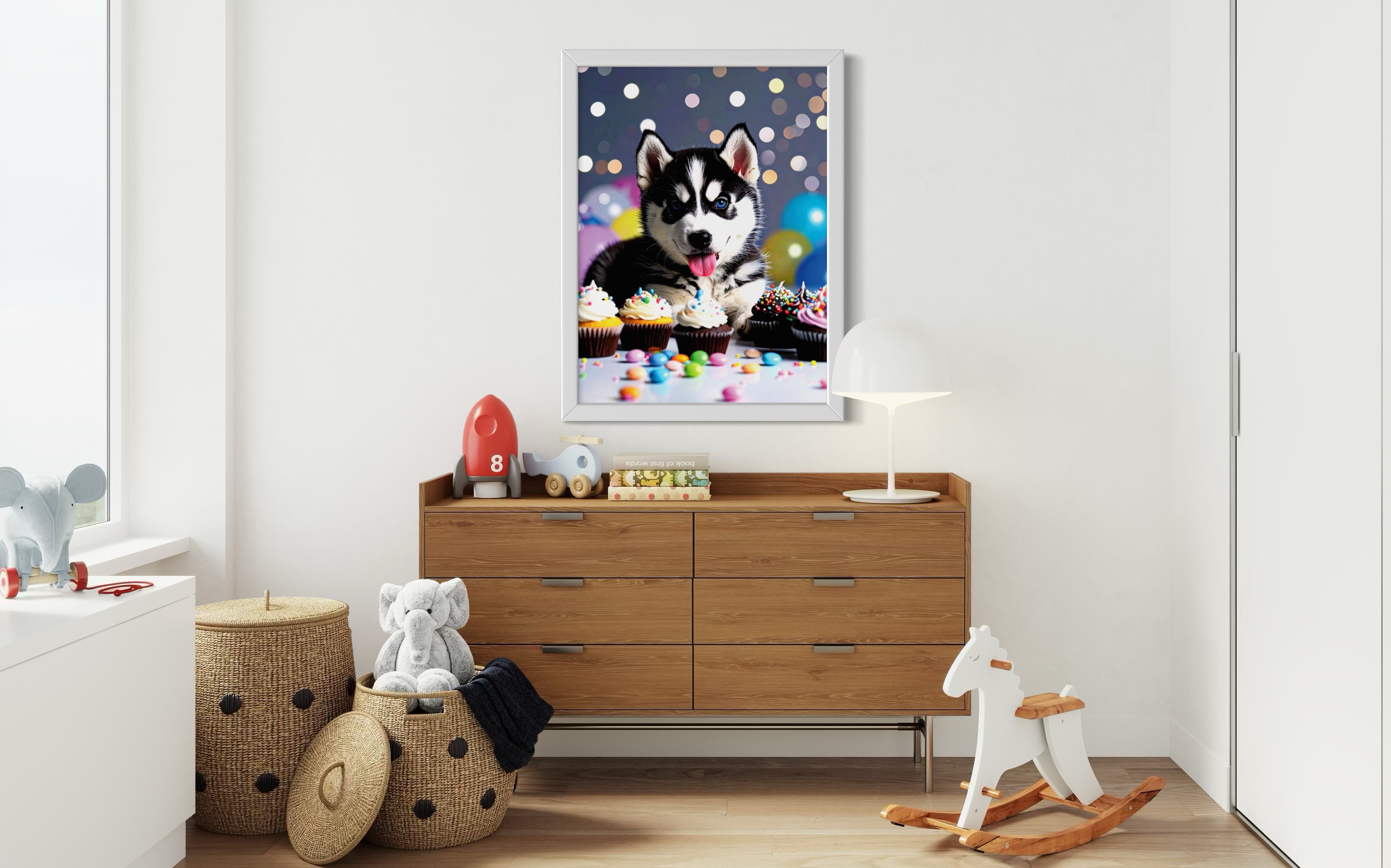Husky Pup with Candy and Cupcakes Museum Print
