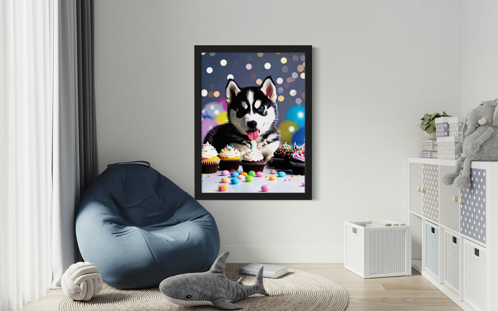 Husky Pup with Candy and Cupcakes Museum Print