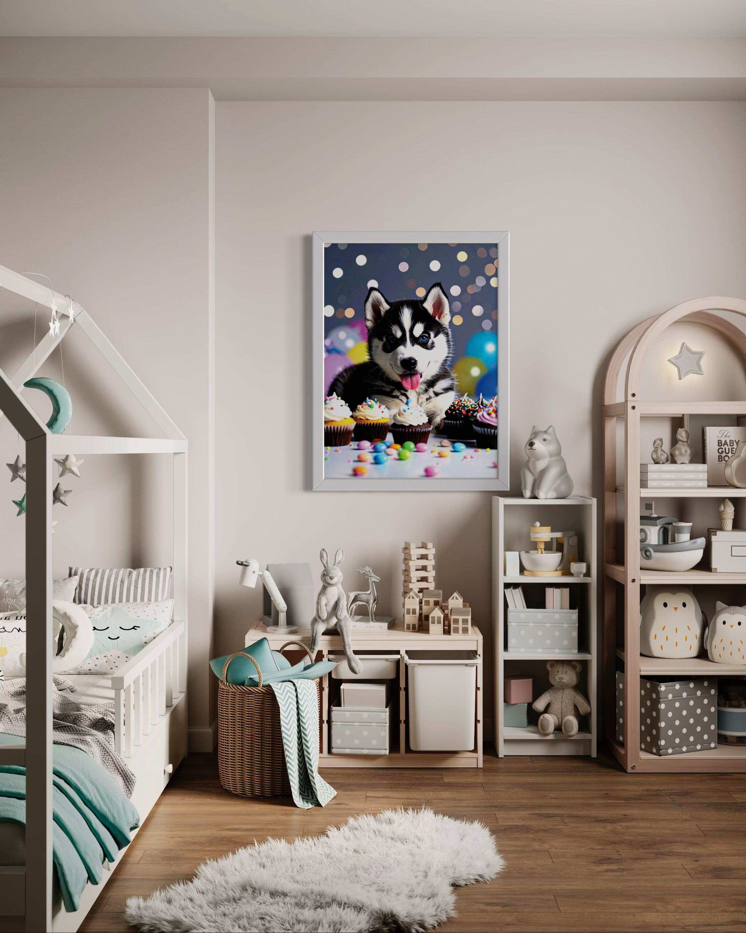 Husky Pup with Candy and Cupcakes Museum Print