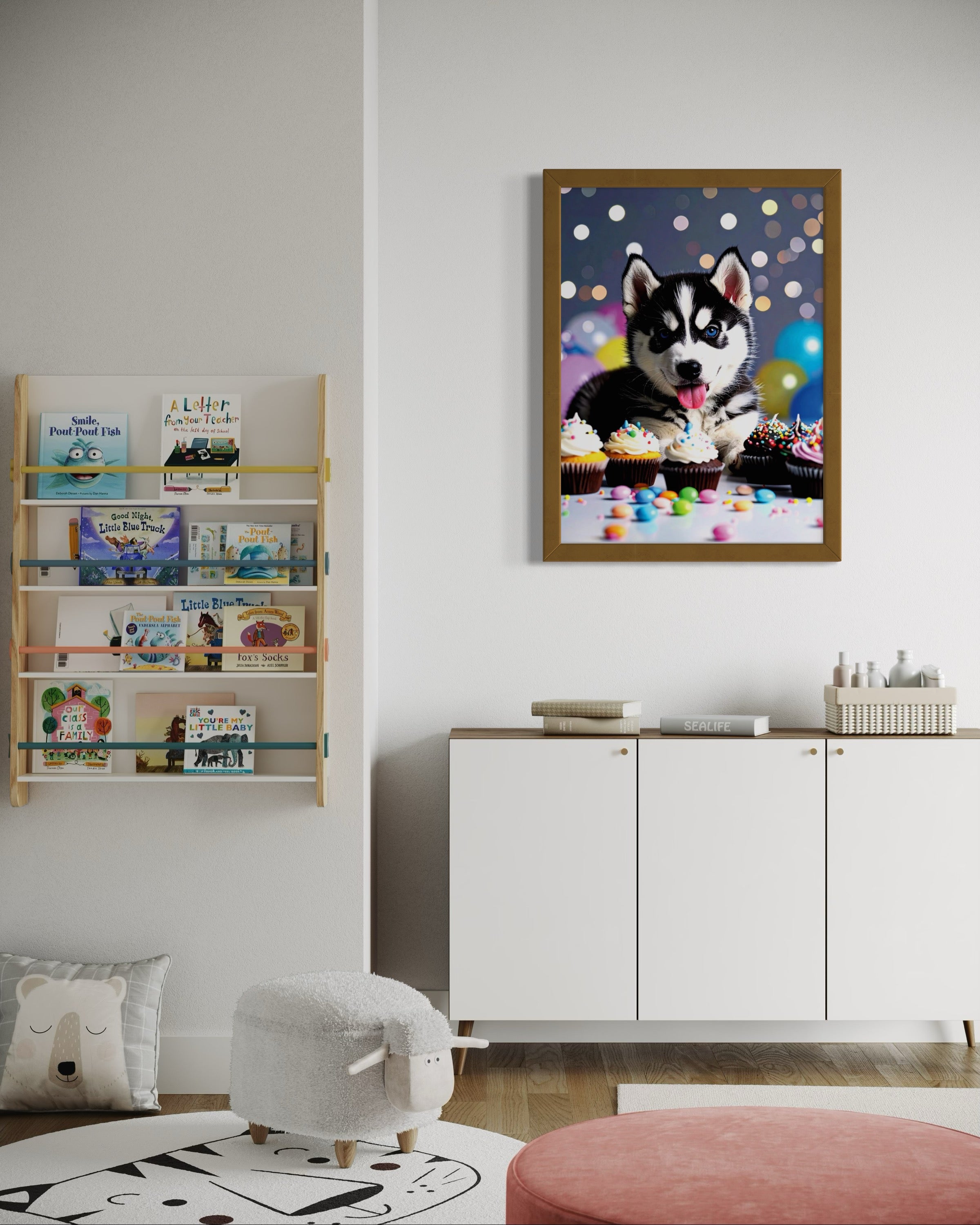 Husky Pup with Candy and Cupcakes Museum Print