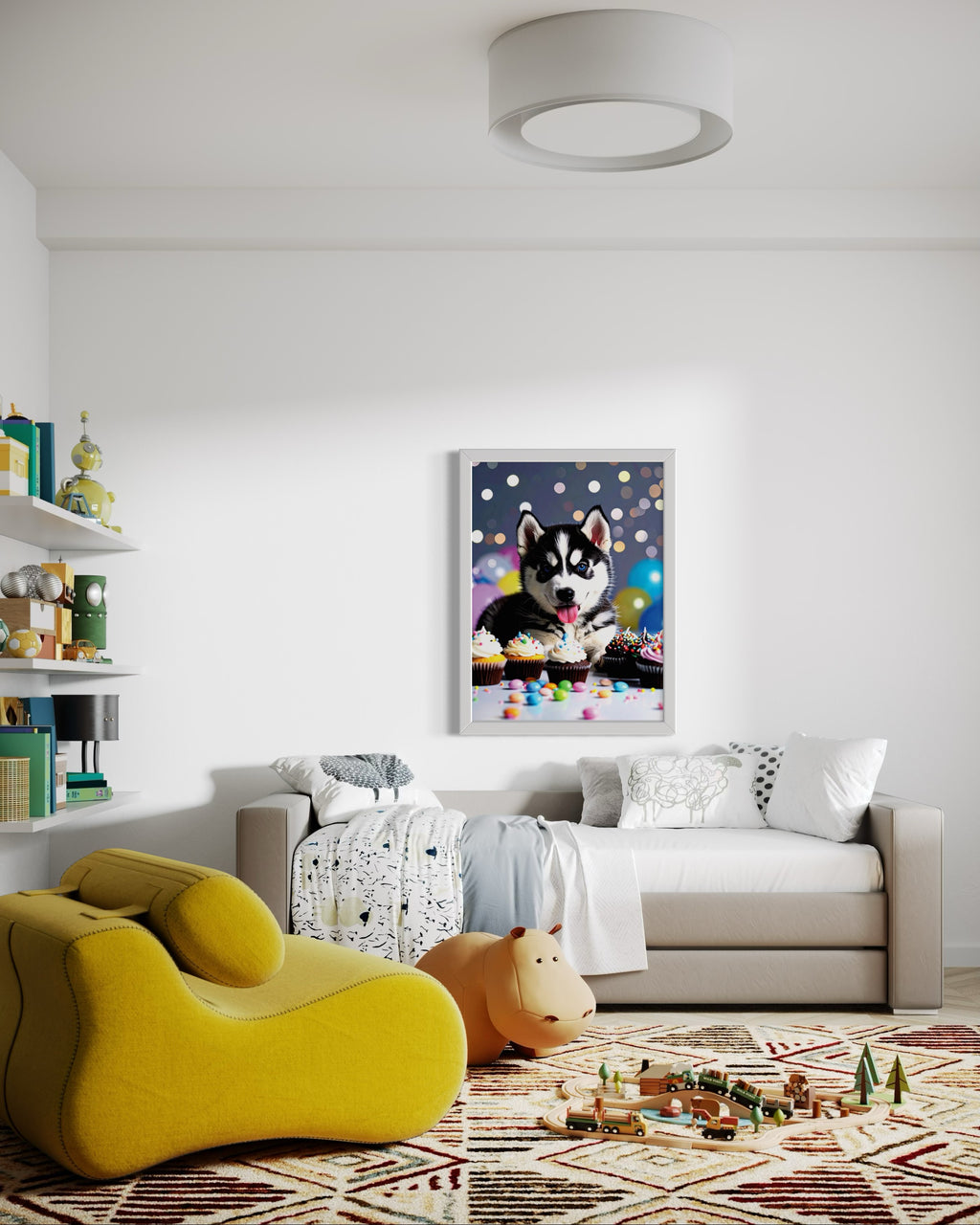 Husky Pup with Candy and Cupcakes Museum Print