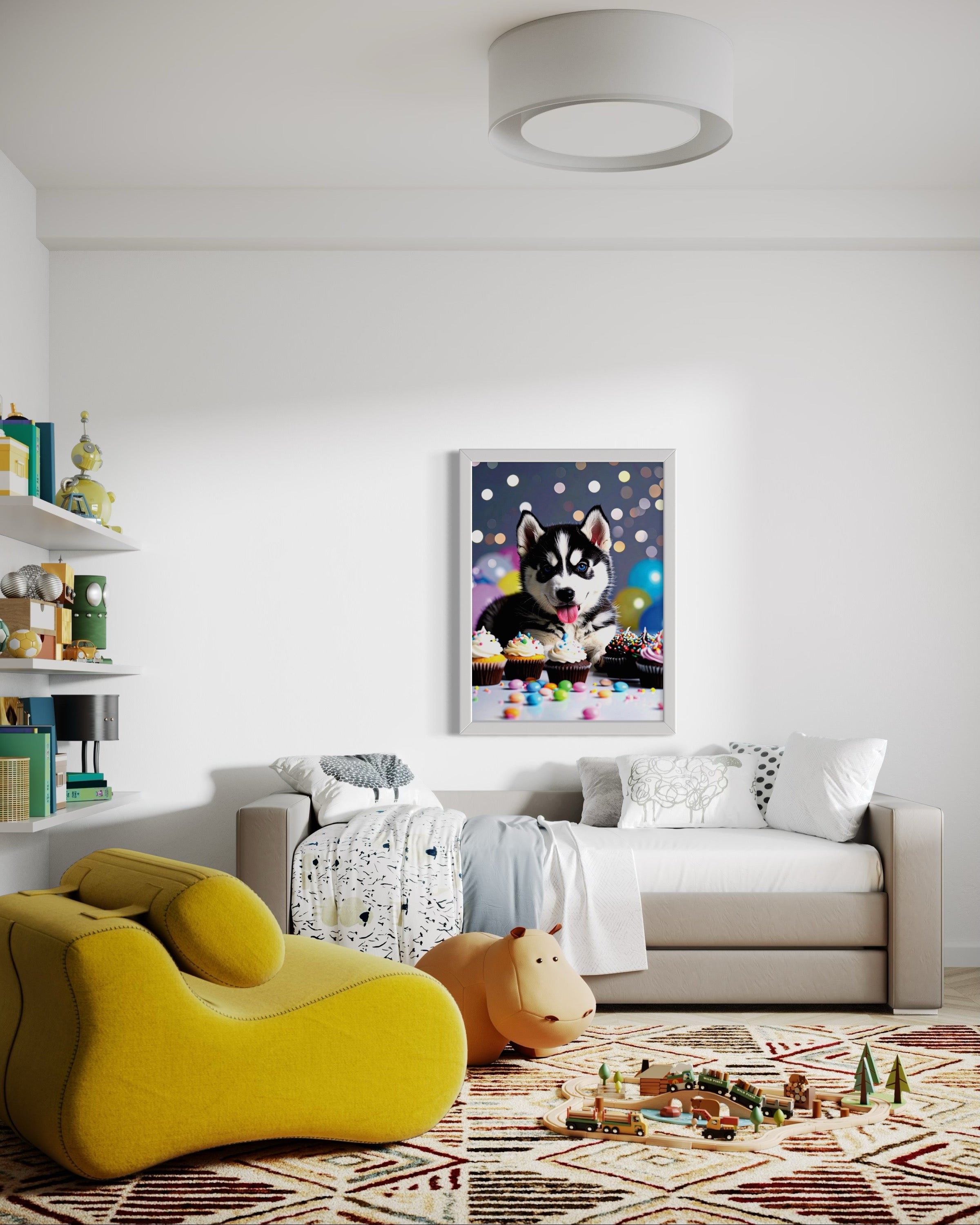 Husky Pup with Candy and Cupcakes Museum Print