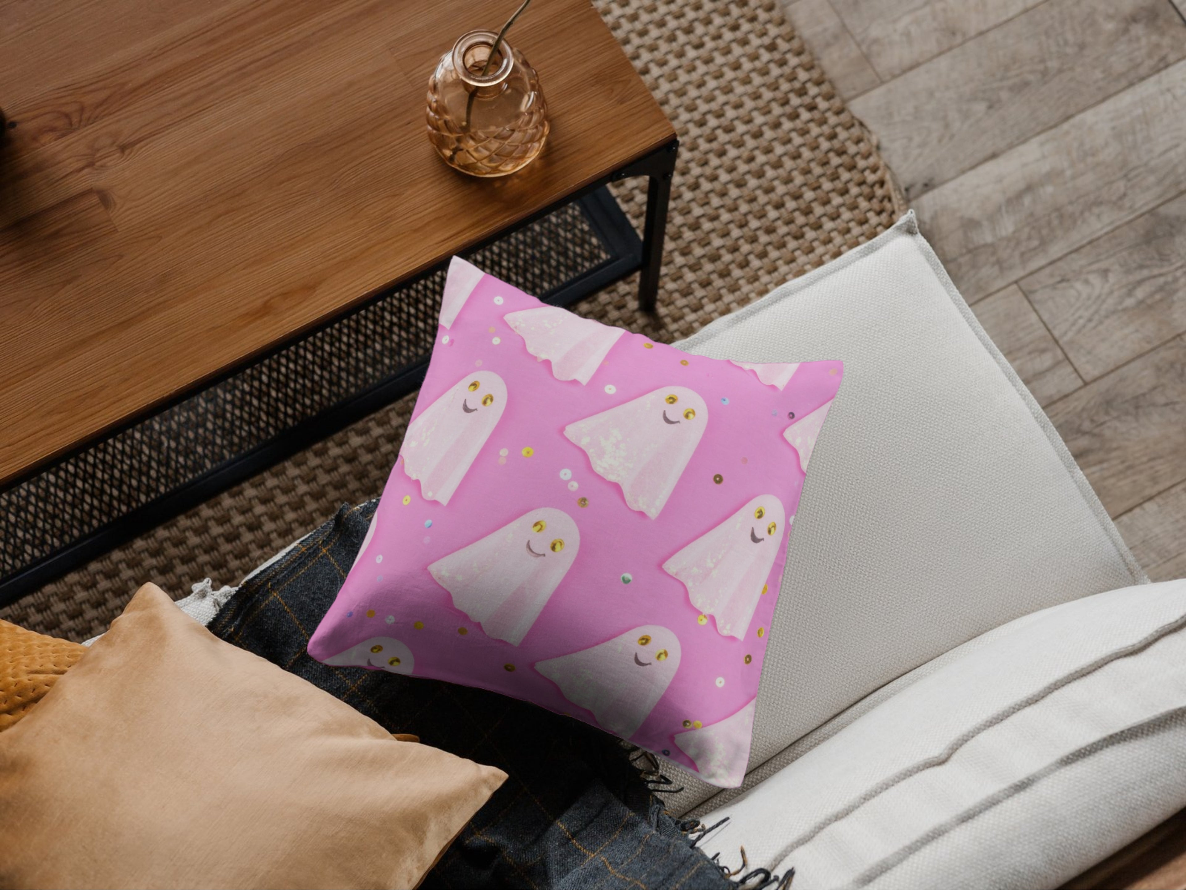 Pink Sequin Ghost Pattern Pillow Case